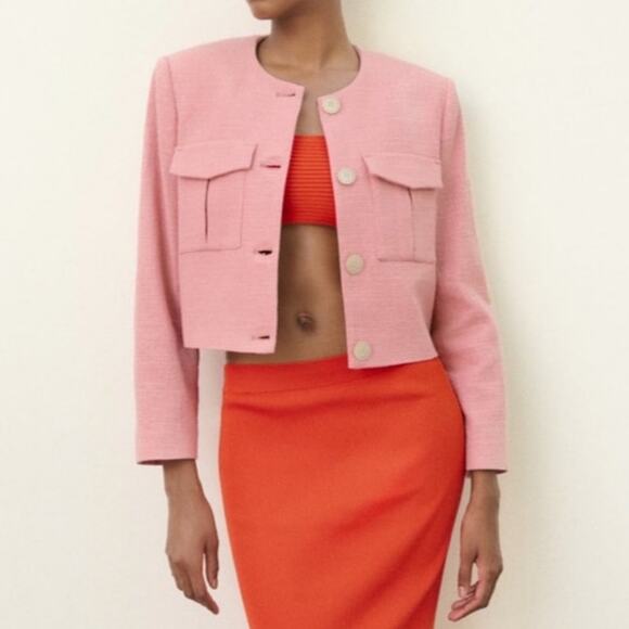 ZARA Dusty Pink Textured Weave Button Front Cropped Blazer Sz M NWT - Picture 1 of 14